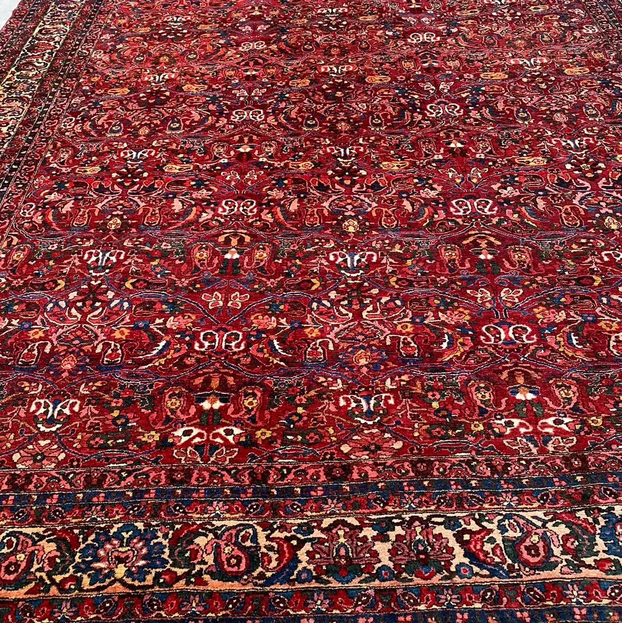 Red and blue ornate patterned rug filling the frame