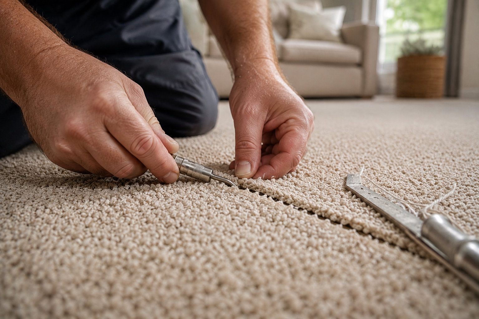Scattered tools on a carpeted floor beside patterned rugs and a red vacuum cleaner.