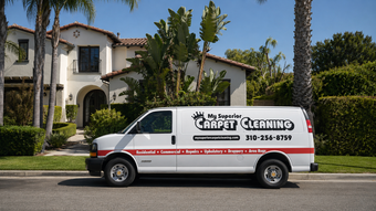 White van parked in front of a stucco house with a tiled roof and covered porch.