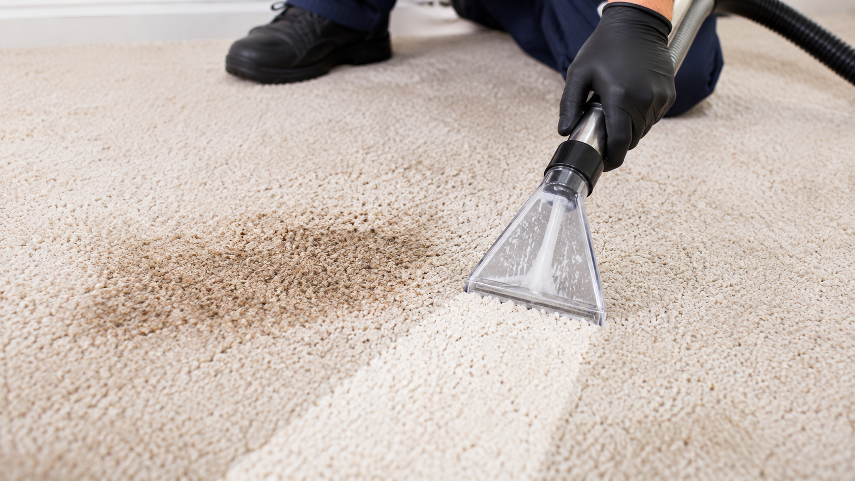Hallway carpet being vacuumed with a handheld cleaner, beige runner with dark wood trim