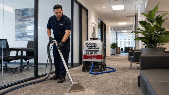 Person vacuuming a white room with a ladder and window blinds nearby.