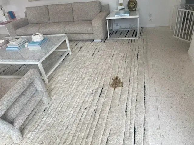 Living room with beige sofas, glass coffee table, and a damaged area rug on the floor