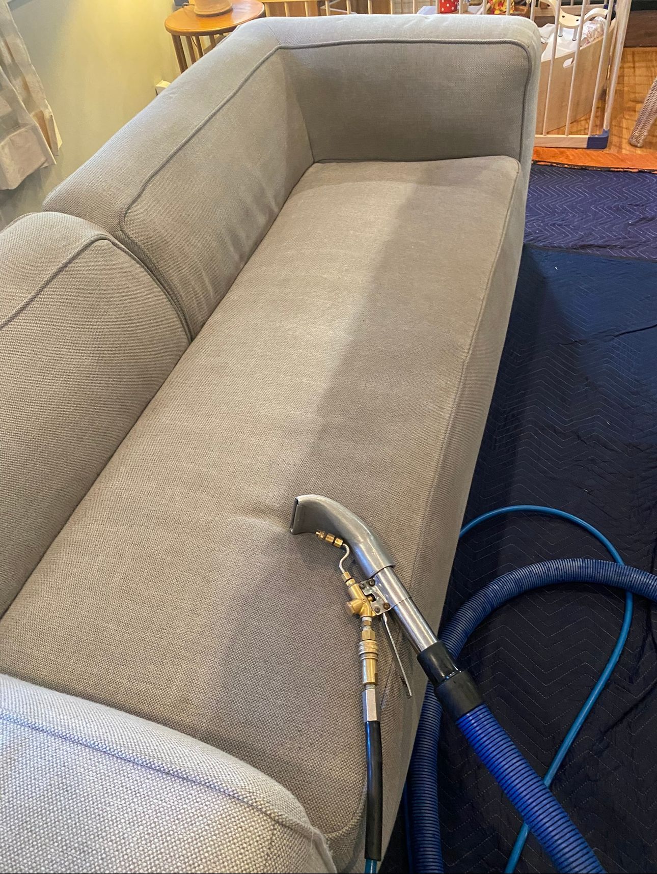 Gray sofa being steam-cleaned with a hose in a living room.