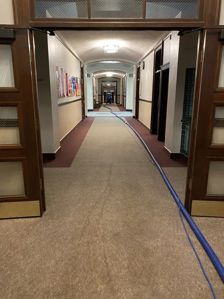 Long hallway with beige carpet, doors on both sides, and a blue cable running along the floor
