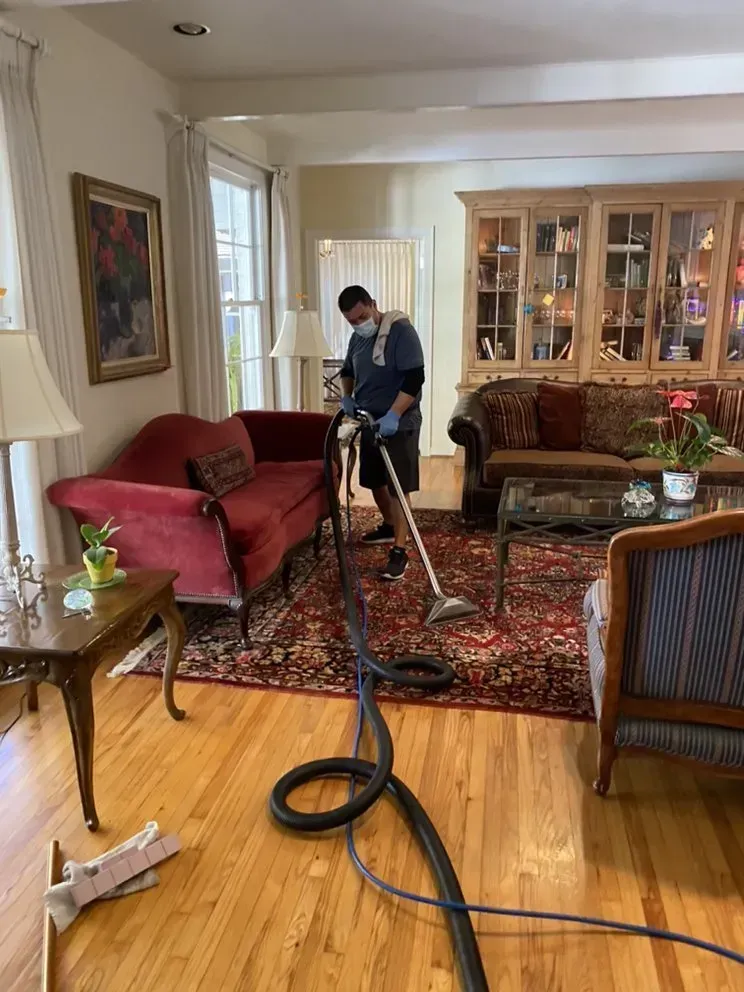 Person vacuuming a red couch in a bright living room with hardwood floors and a rug