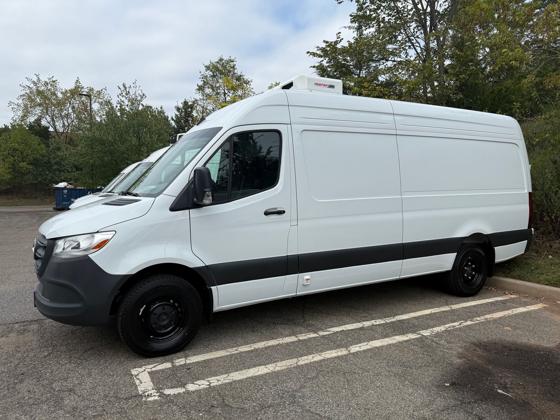 A white Mercedes-Benz Sprinter cargo van parked in an outdoor lot with trees in the background.