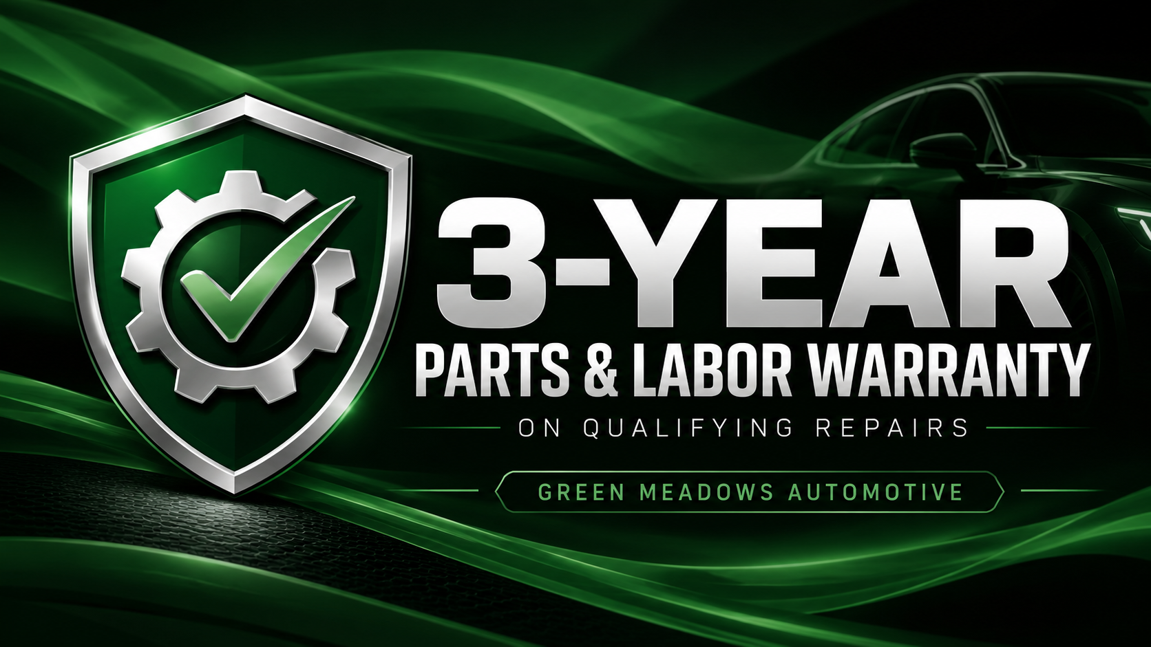 3-year parts and labor warranty banner with green shield checkmark on dark green background