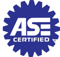 A blue and white logo that says ase certified