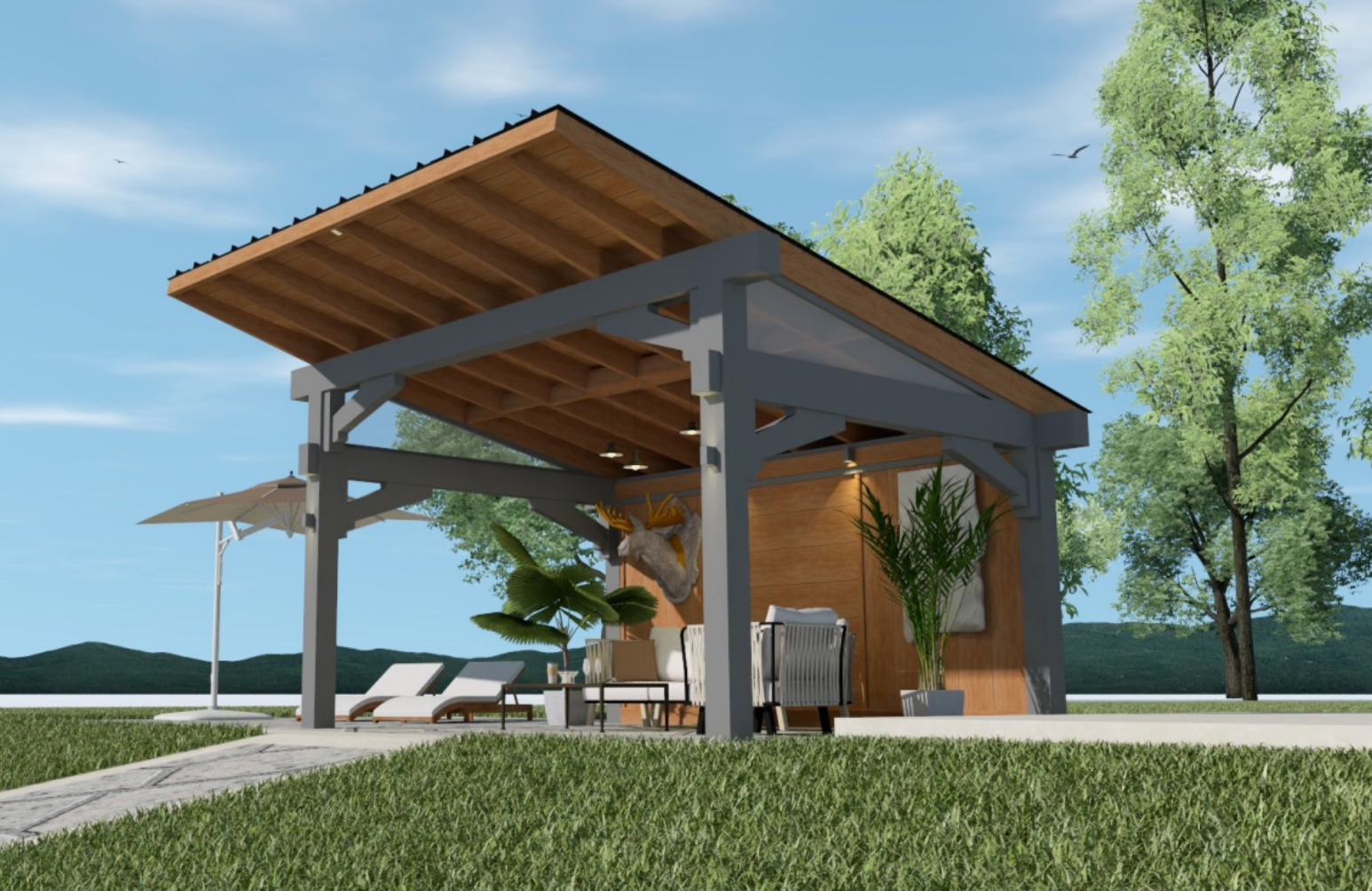 Modern wood pavilion with slanted roof in a grassy park under blue sky