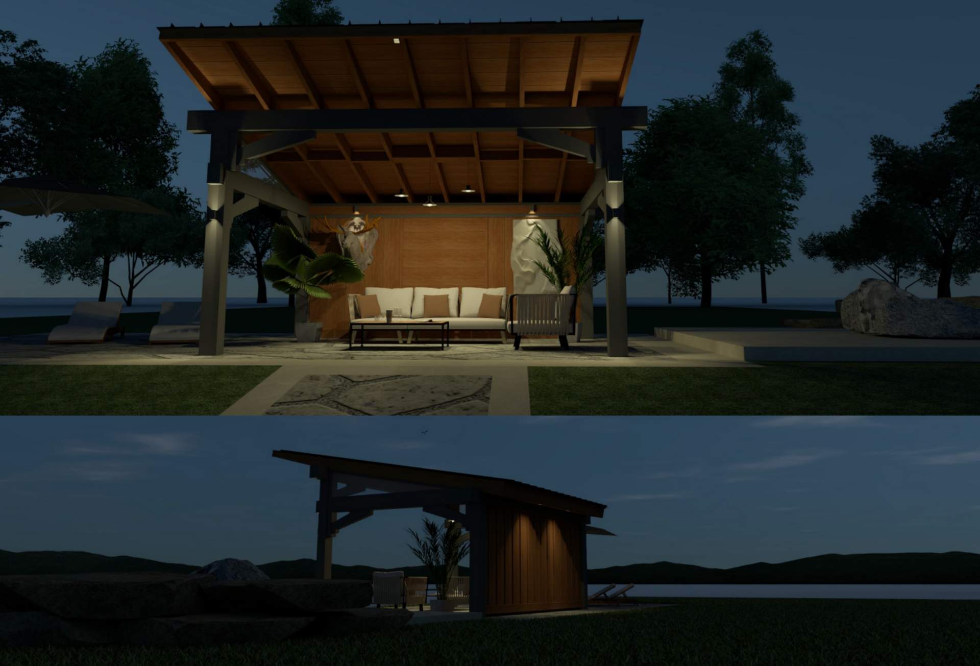 Modern open-air pavilion with wooden roof, lit seating area, and a dusk landscape background