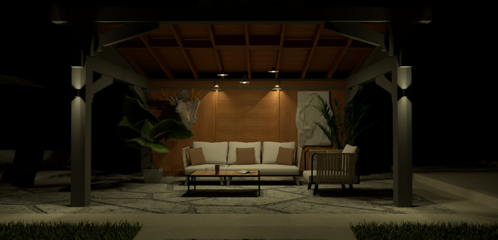 Cozy outdoor patio with a sofa, armchairs, and warm lighting under a wooden pergola at night
