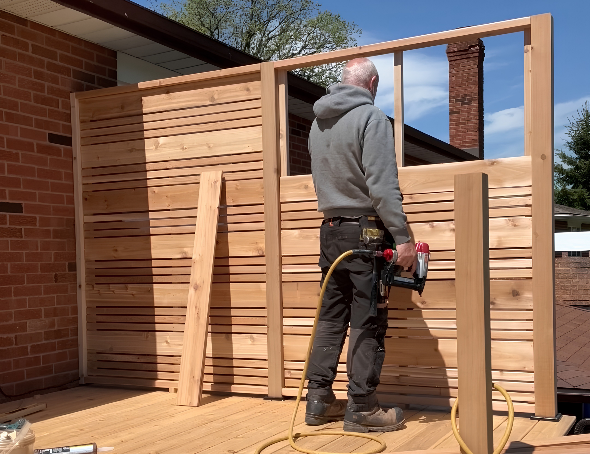 Person assembling a wooden slatted privacy screen on a sunny patio with a power drill