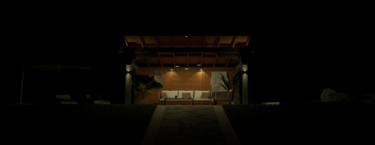Dimly lit pavilion at night with a warm glowing interior and steps leading up to it.