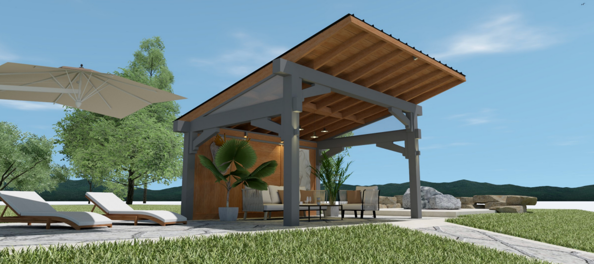 Modern outdoor patio pavilion with wooden roof, lounge chairs, and landscaped garden backdrop