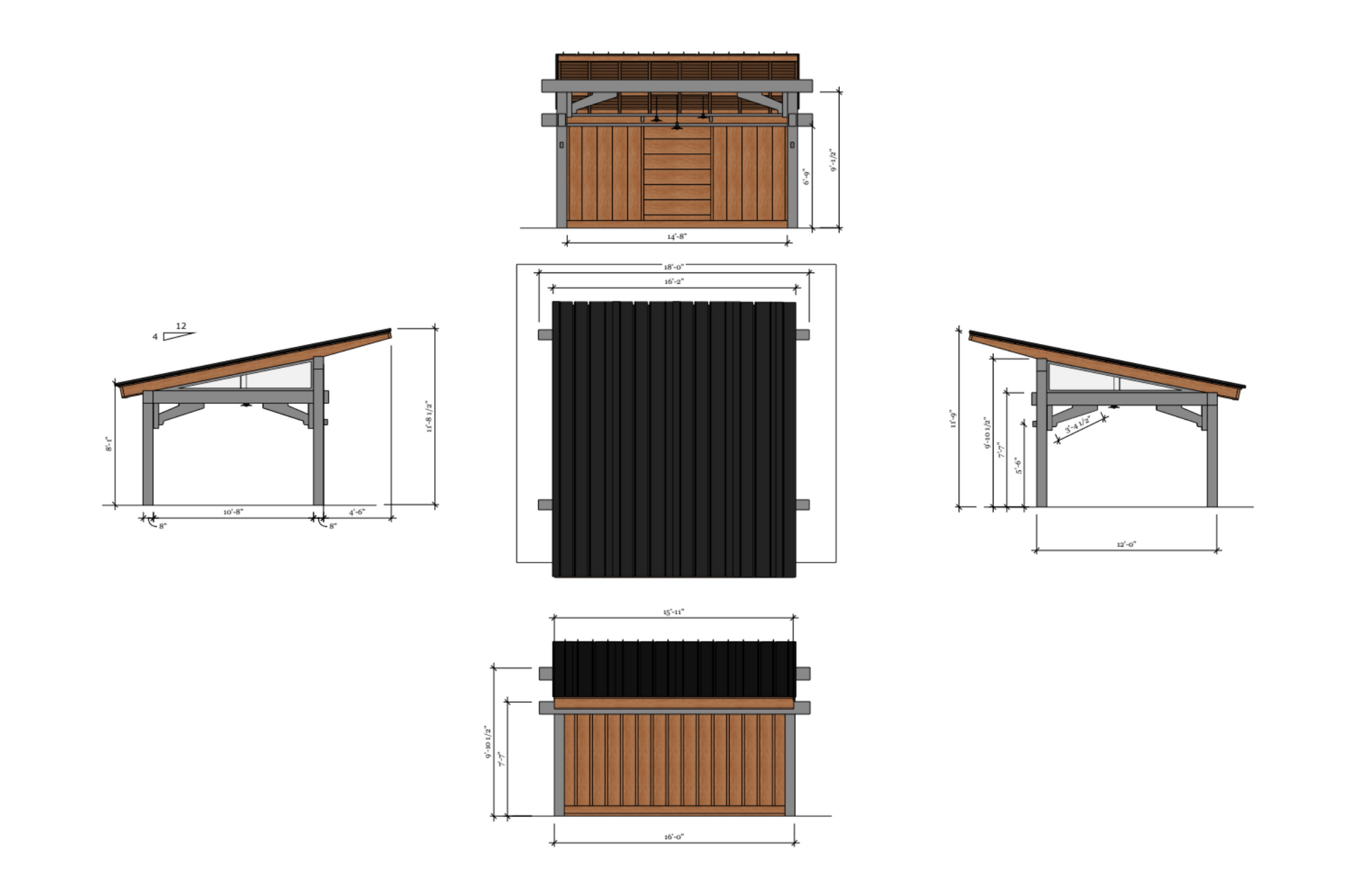 Front, side, and top views of a small wooden shed with a slanted roof and black central doors