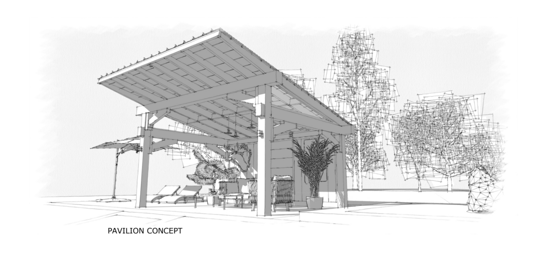 Black-and-white architectural rendering of a modern pavilion with a large slanted canopy and trees nearby