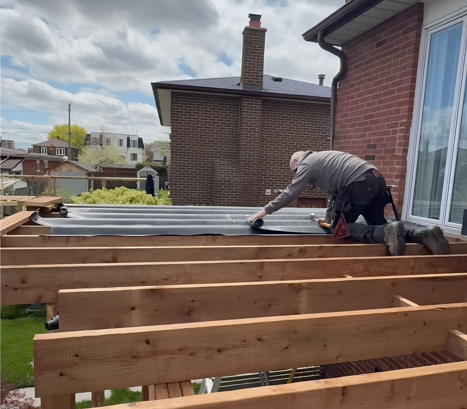 Worker installing decking on a backyard patio frame beside a brick house