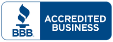 BBB Accredited Business badge with blue and white logo and text