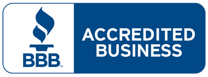 BBB Accredited Business badge with blue and white logo and text