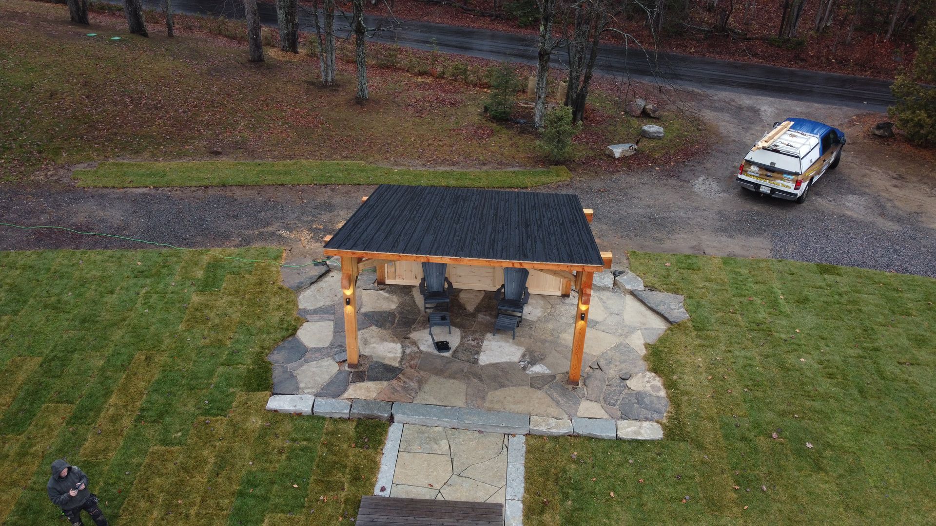 Aerial view of a park pavilion with picnic tables, surrounded by grass and a path with a parked car nearby