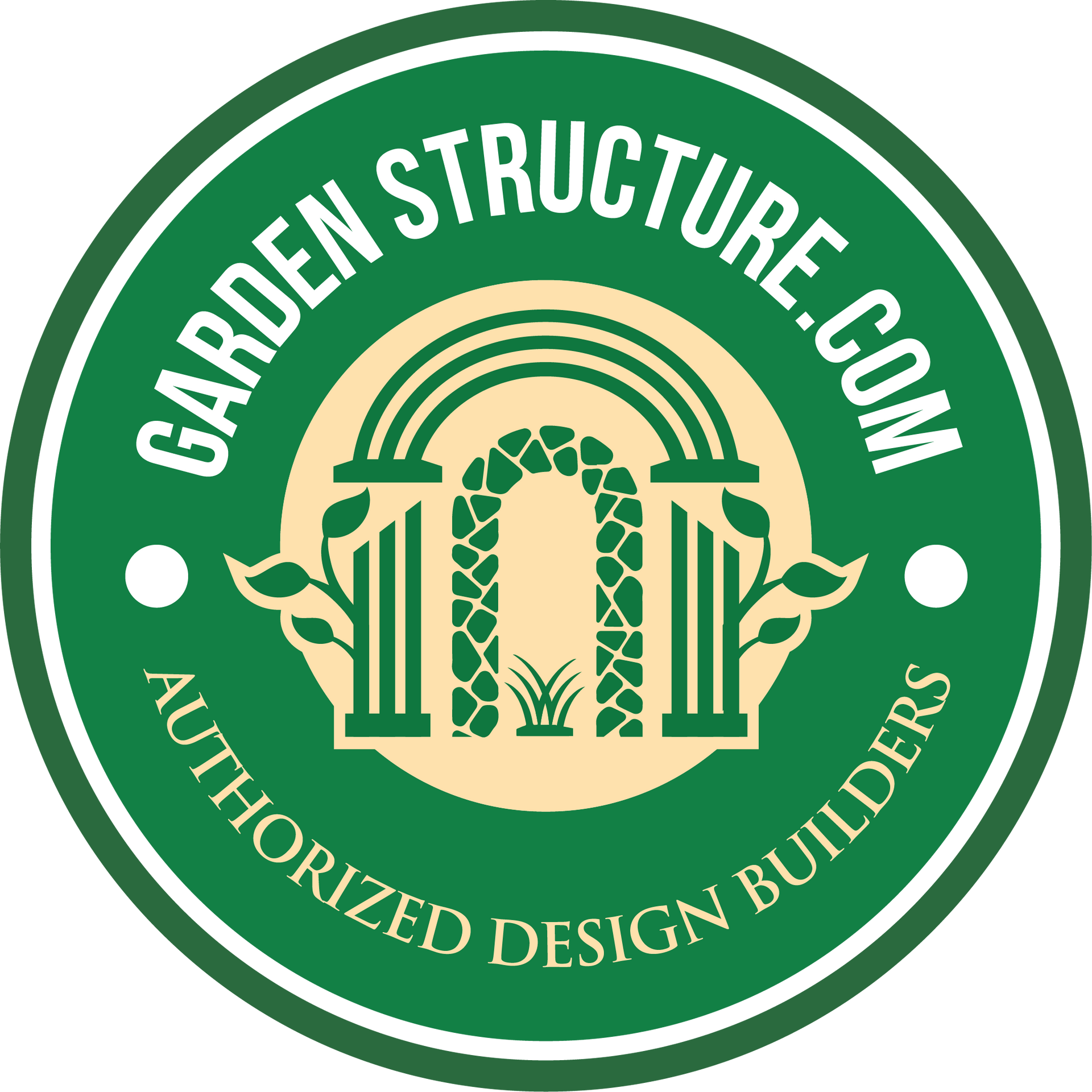 Green circular logo for GardenStructure.com, with stylized arch and “Authorized Design Builders” text