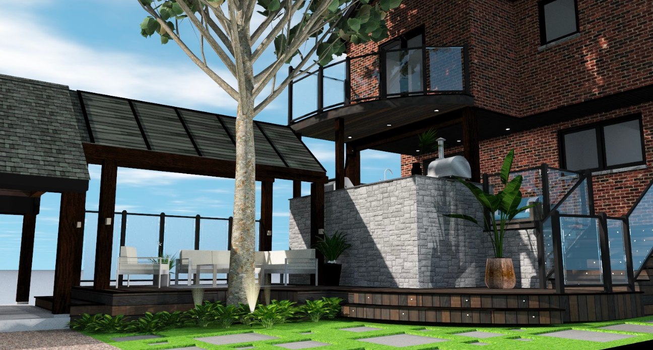A computer generated image of a house with a tree in front of it.