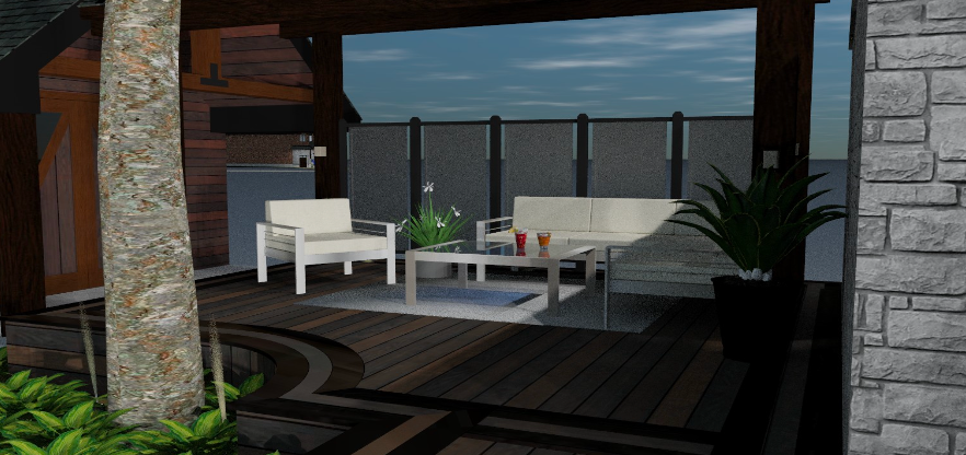 A computer generated image of a patio with a couch and chairs