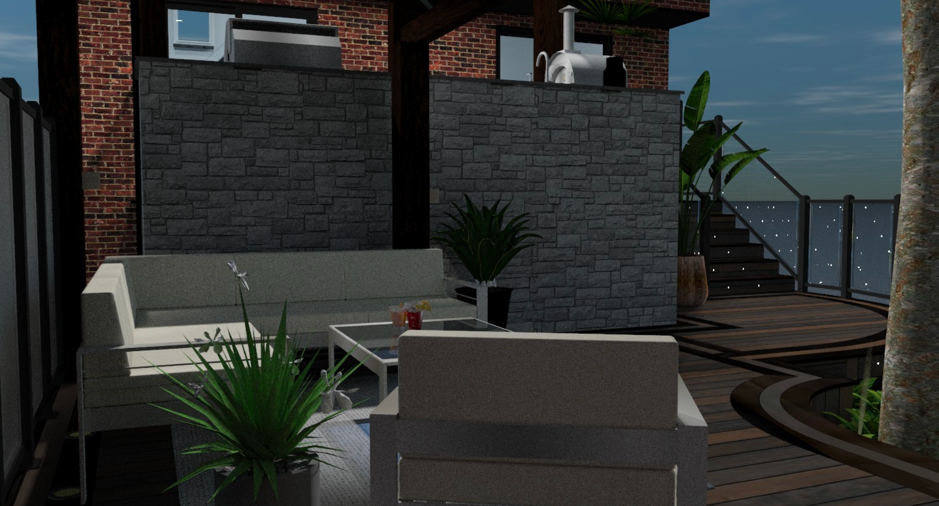 A 3d rendering of a living room with a couch , chairs , and a table.