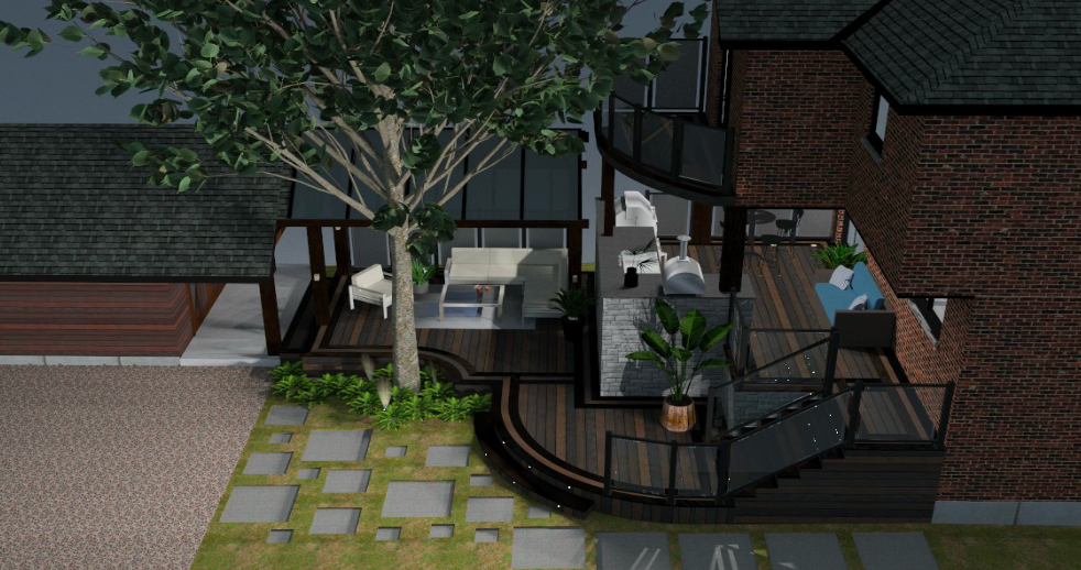 An aerial view of a brick house with a deck and stairs.