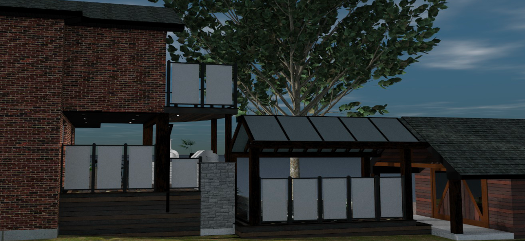 A computer generated image of a house with a tree in the background.