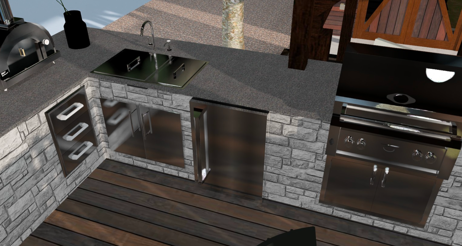 A computer generated image of a kitchen with stainless steel appliances