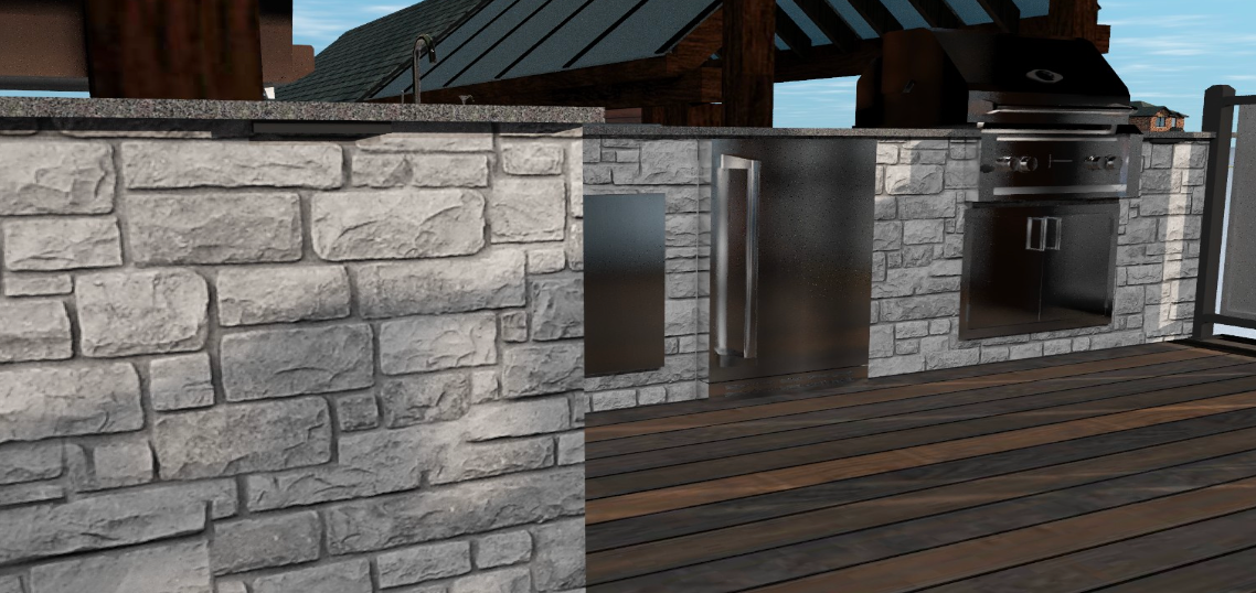 A brick wall with a stainless steel refrigerator and a grill.