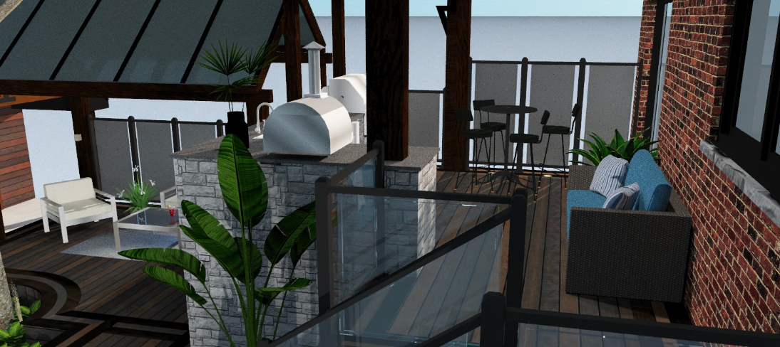 A computer generated image of a patio with a fireplace and a pizza oven.
