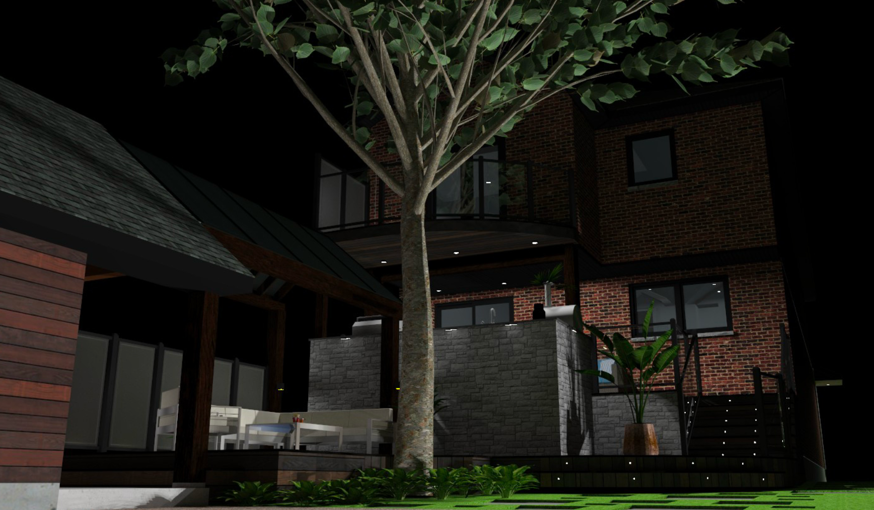 A house with a tree in front of it at night