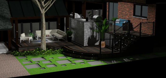 A model of a house with a deck and a tree in front of it.
