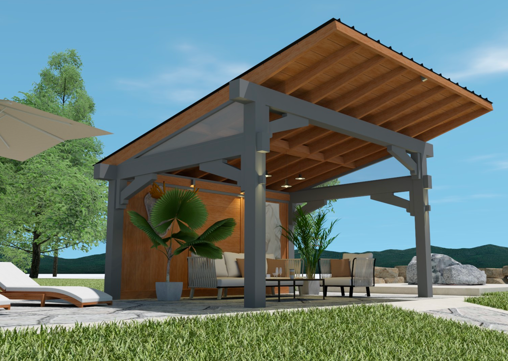 Modern outdoor patio pavilion with wooden roof, seating, and lounge chairs beside a pool in a sunny yard
