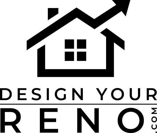 Black house roof logo with window above the words “DESIGN YOUR RENO”