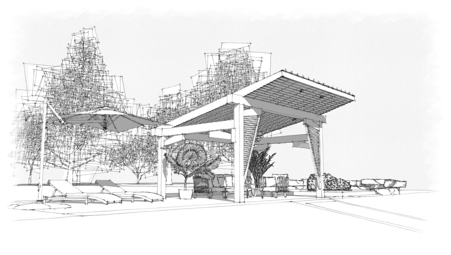 Sketch of a modern pavilion with a slanted roof in a park, trees and benches around it
