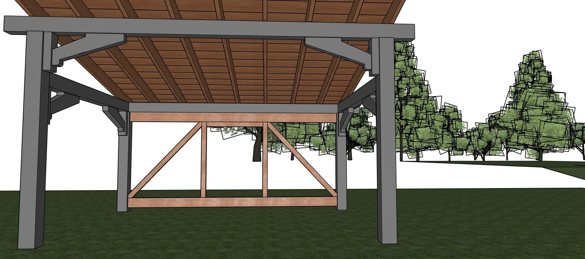 Under a raised wooden deck, showing support posts and a grassy yard beyond