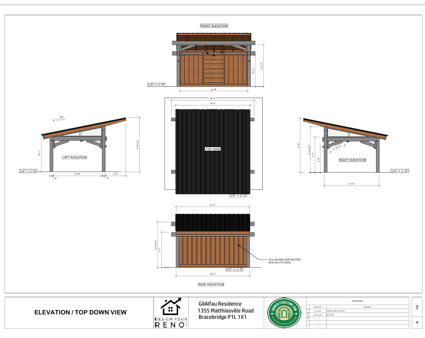 Architectural elevation drawing of a wooden outbuilding with front, side, and top views