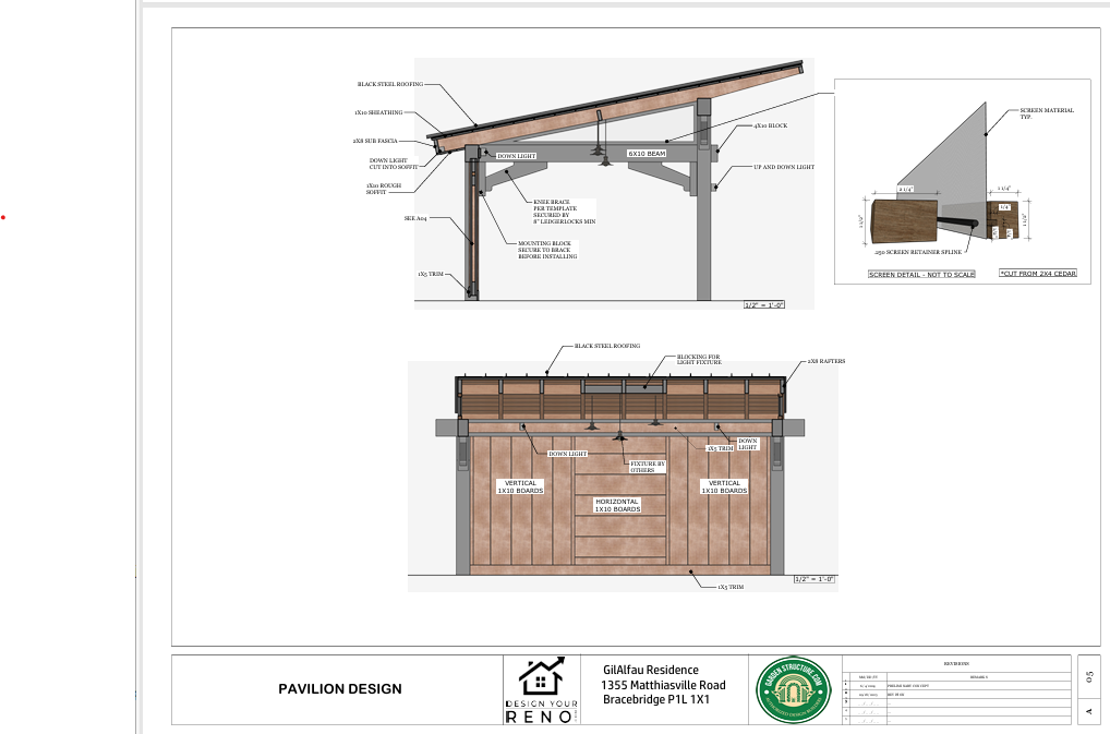 Architectural drawing of a wood-and-metal canopy structure with front and side elevations.