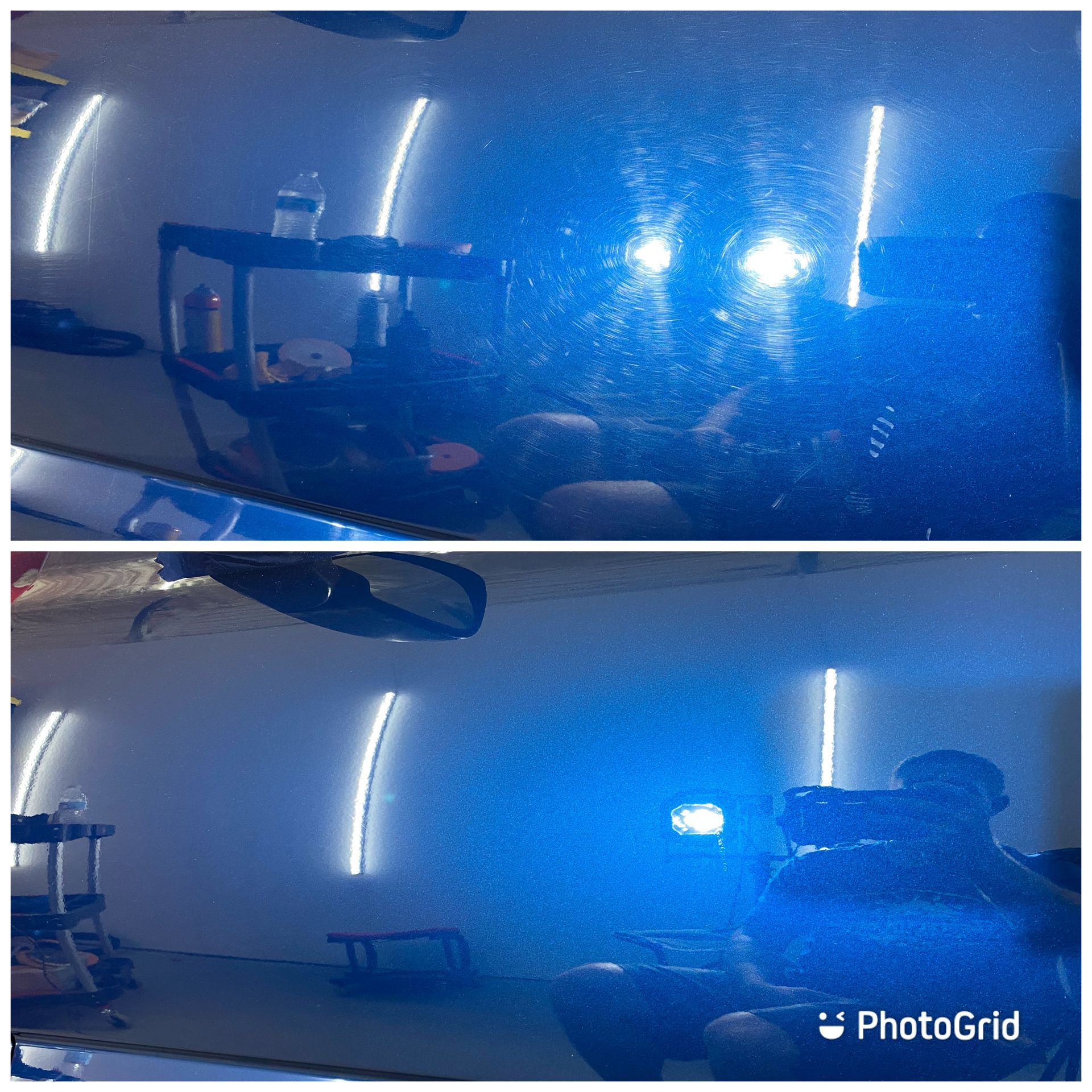 A before and after photo of a car being polished in a garage.