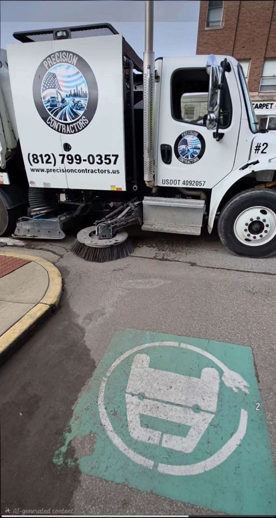 Street sweeper cleaning asphalt road; yellow and black vehicle, brushes down, driver visible.