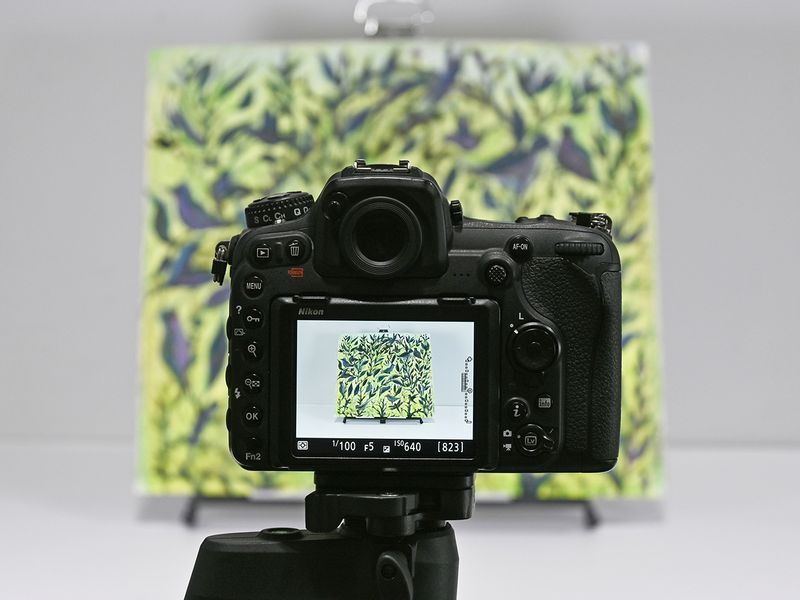 A camera is taking a picture of a painting on a tripod.