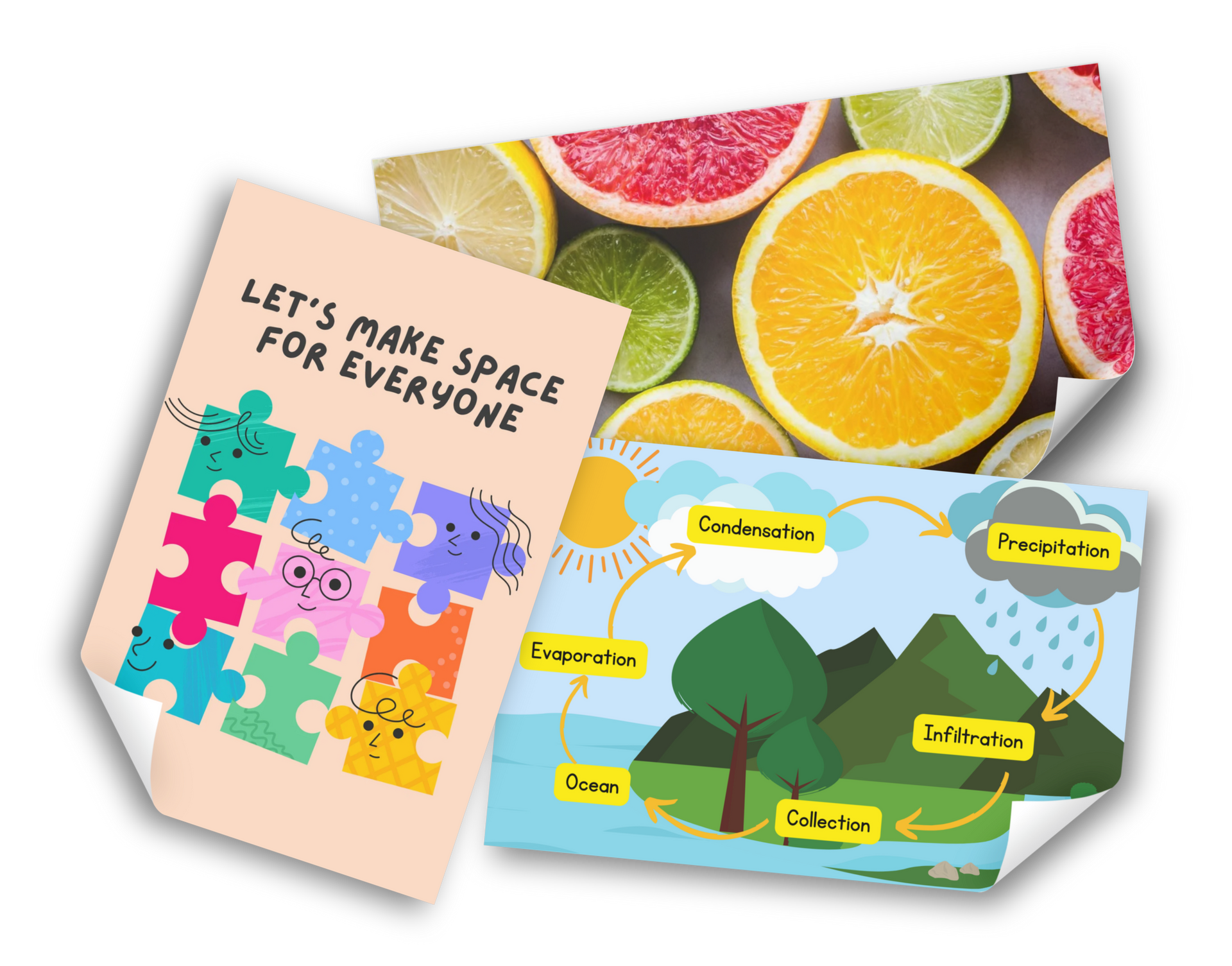 3 Art decal posters showing various fruit, a water cycle infographic and a poster that says 