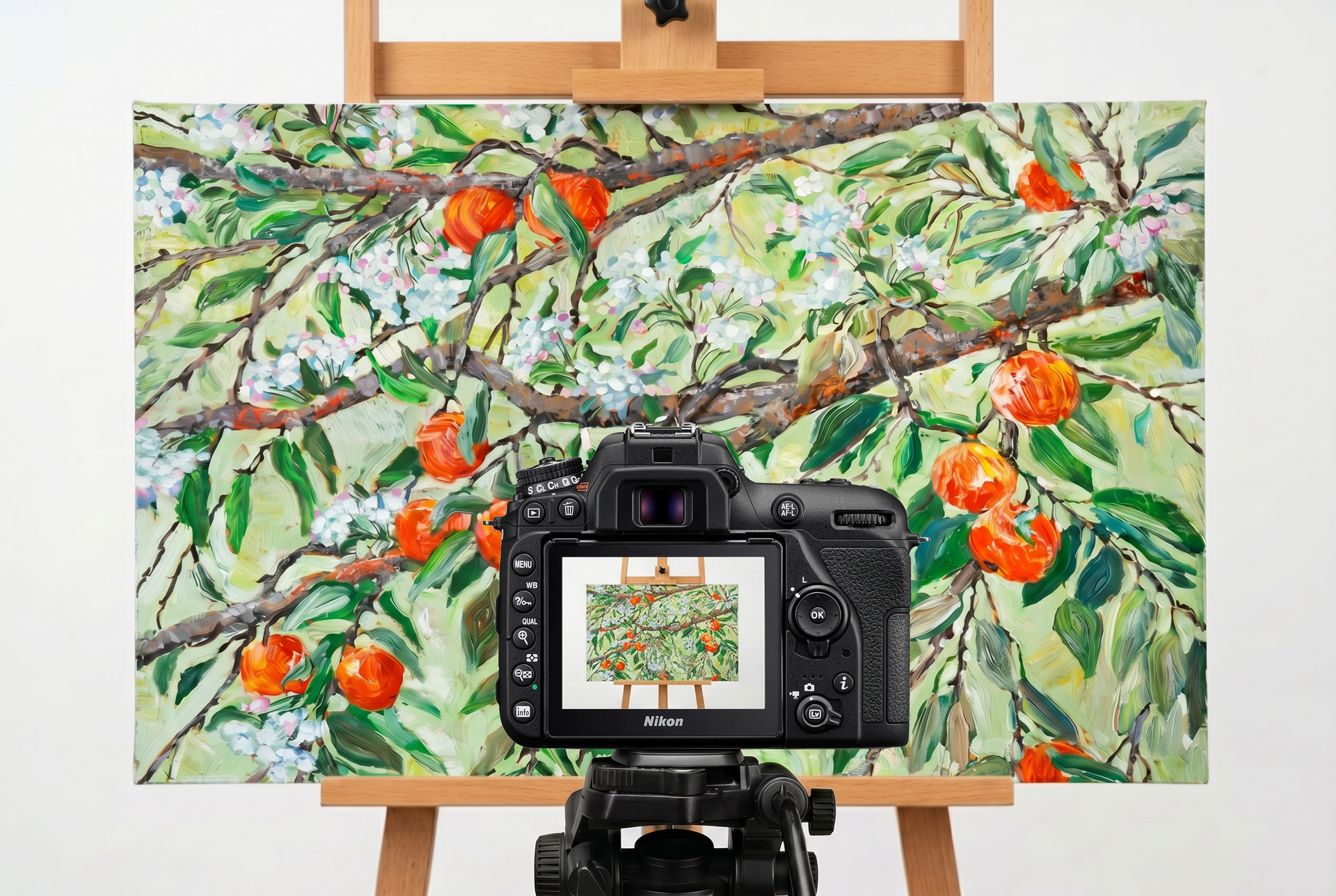 A painting on a stand with two lights behind it