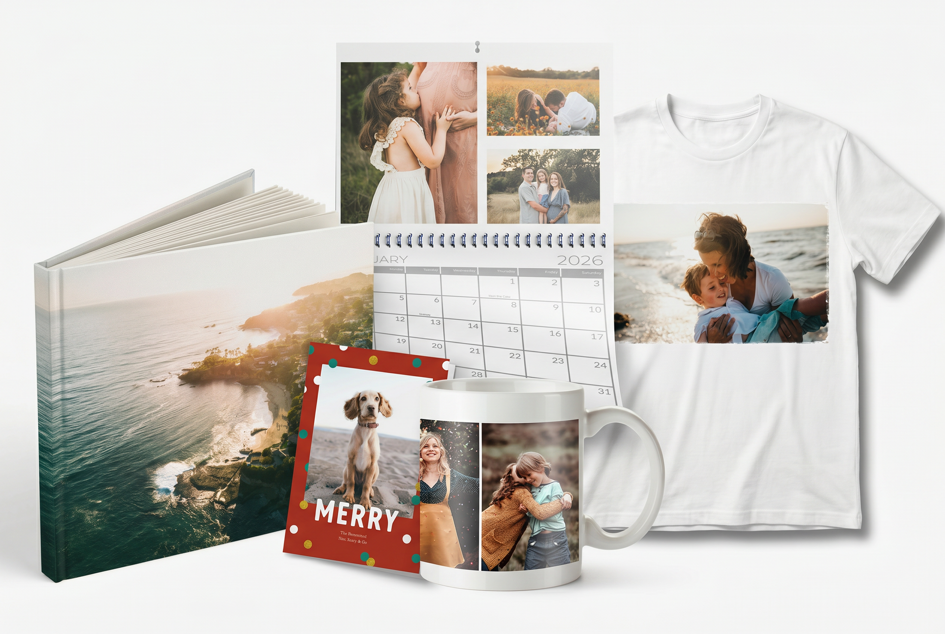 A variety of souvenirs with pictures on them are sitting on a yellow table.