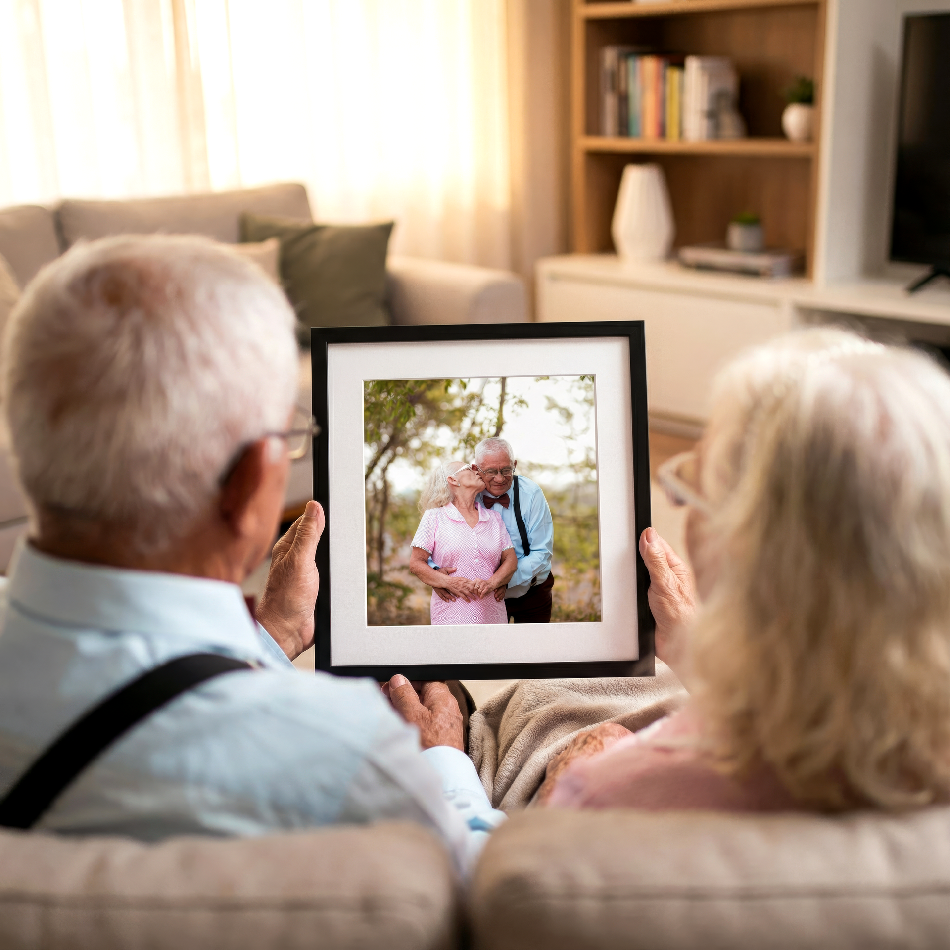 An elderly couple sitting on a couch looking at a framed print of themselves