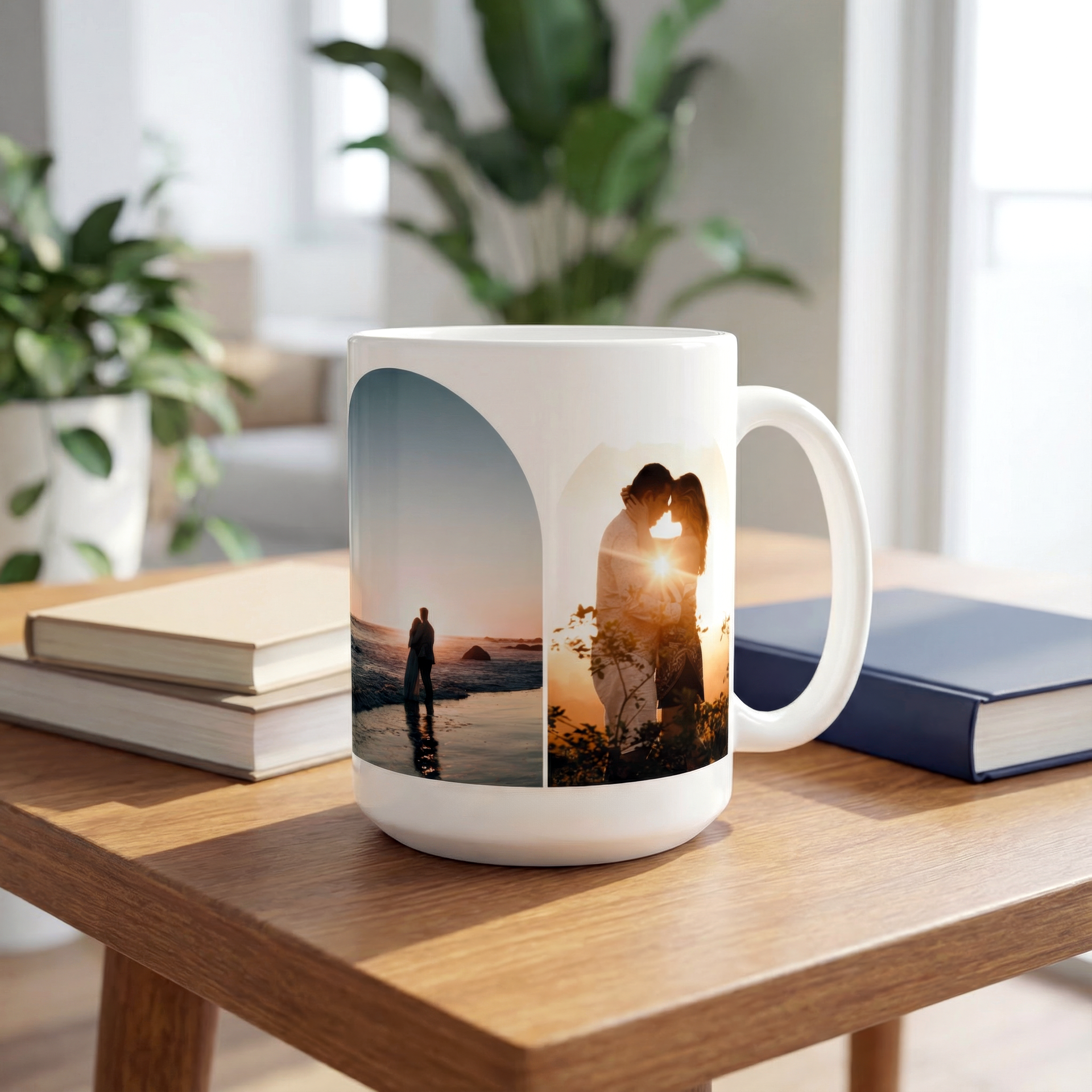 A photo mug with romantic pictures of a couple