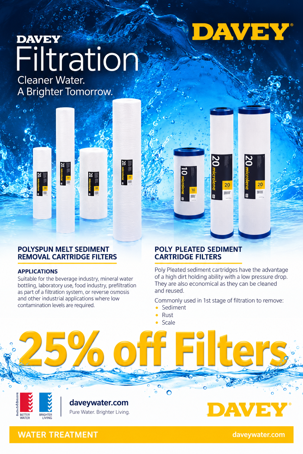 Davey filtration ad showing white filter cartridges in water, blue background, and “25% off Filters” sale.